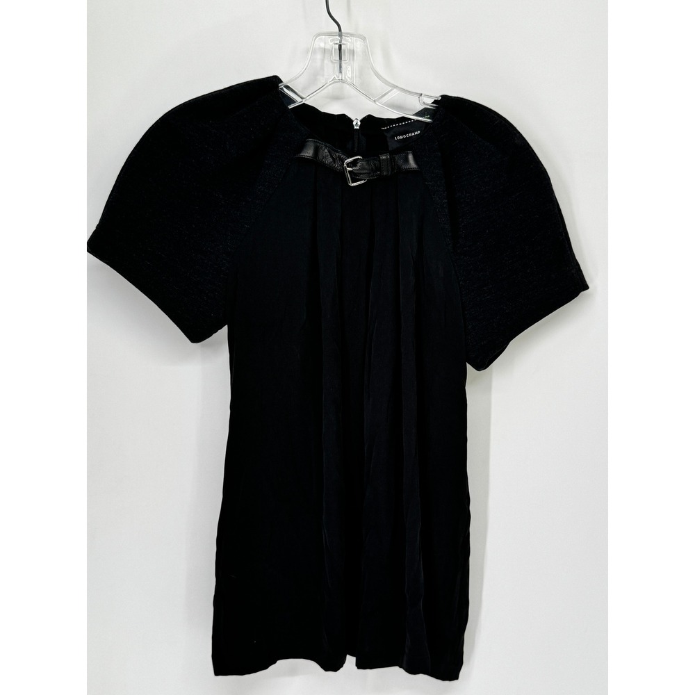 Longchamp Blouse Womens Small Black Excellent Silk Wool Leather Buckle L5672-SOE